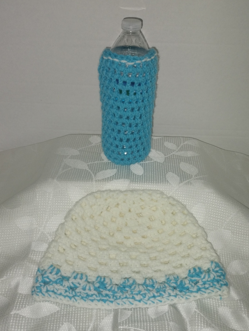 Handmade White and Turquoise Crochet Beanie with Matching Bottle Cozy